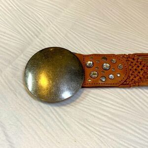 Bebe Natural Leather Woven Belt  large Silver tone Buckle and some sparkles m/l